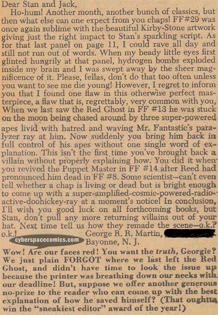 Fantastic Four letters page with George R.R. Martin