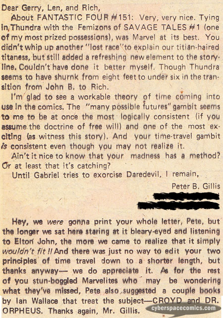 Fantastic Four letters page with Peter B. Gillis