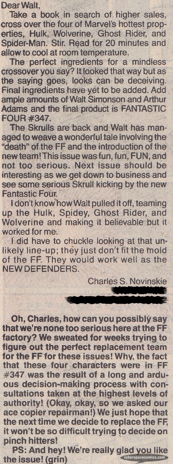 Fantastic Four letters page with Charles S. Novinskie