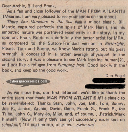 Man From Atlantis letters page with Dan Fogel