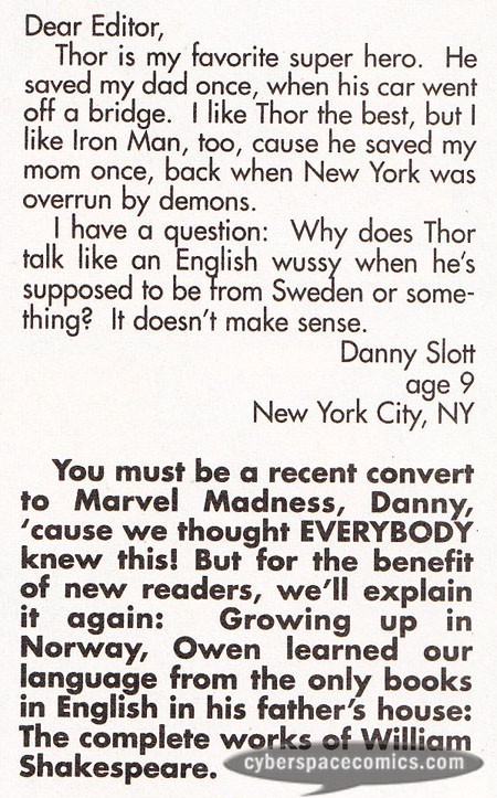 Marvels Comics: Thor letters page with Dan Slott