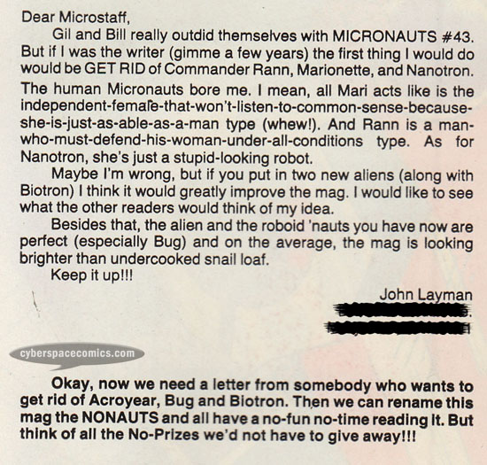 Micronauts letters page with John Layman