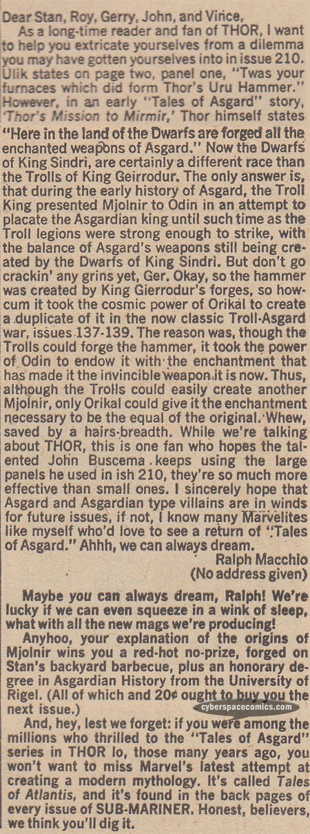 Thor letters page with Ralph Macchio