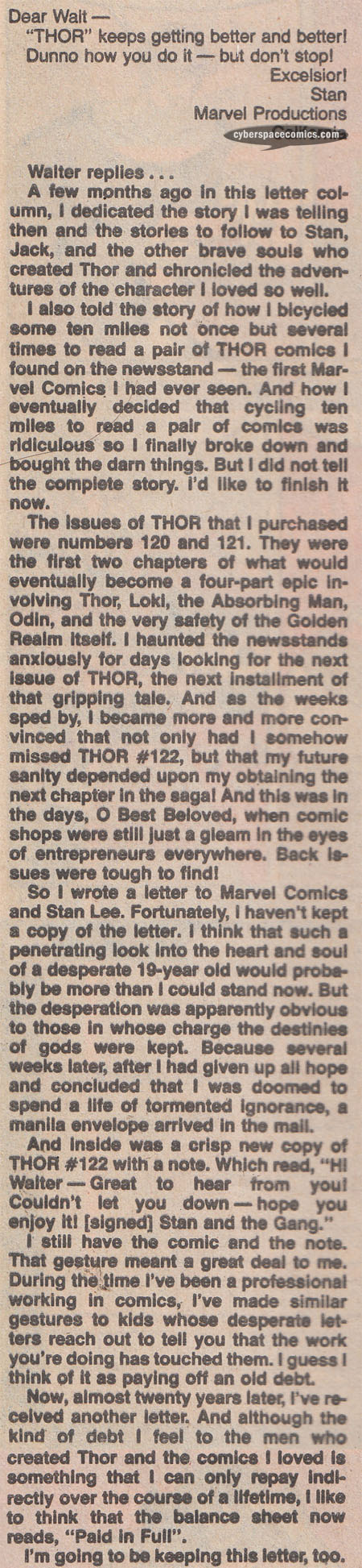 Thor letters page with Stan Lee