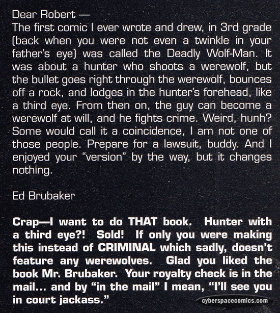 the Astounding Wolf-Man letters page with Ed Brubaker