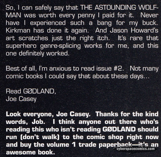 the Astounding Wolf-Man letters page with Joe Casey