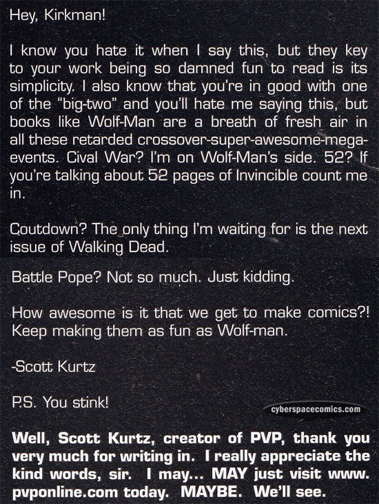 the Astounding Wolf-Man letters page with Scott Kurtz