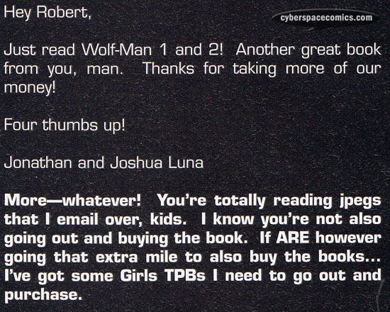 the Astounding Wolf-Man letters page with the Luna Brothers