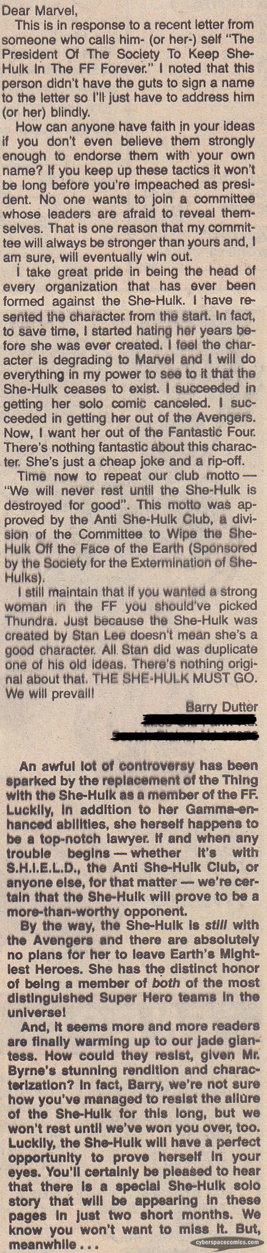 Marvels Comics: Fantastic Four letters page with Barry Dutter