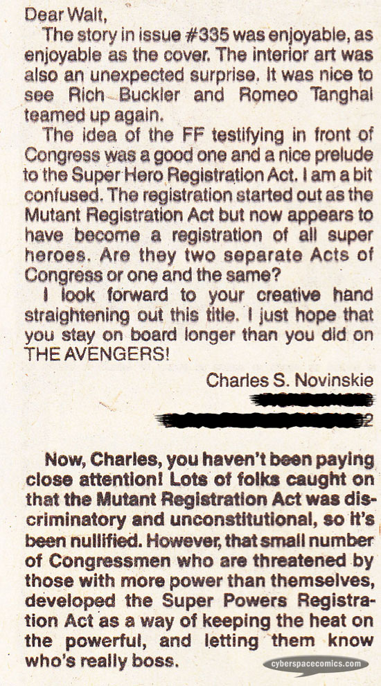 Fantastic Four letters page with Charles S. Novinskie