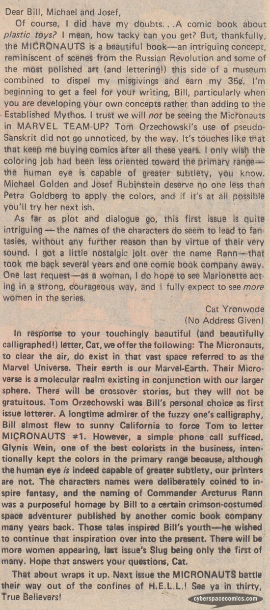 Micronauts letters page with Cat Yronwode