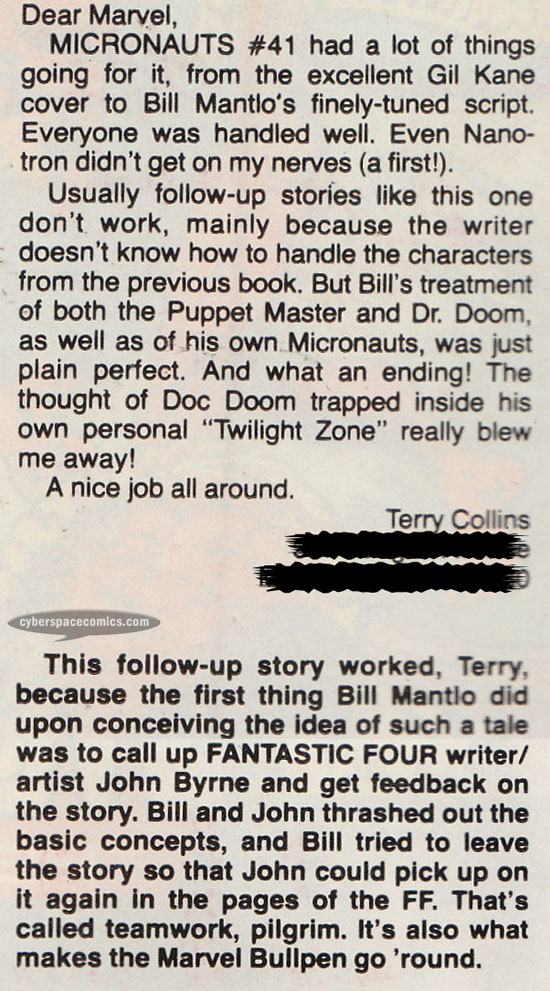Micronauts letters page with Terry Collins