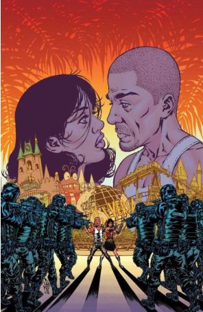 Calexit: The Battle of Universal City 3C published by Black Mask with cover art by Carlos Granda