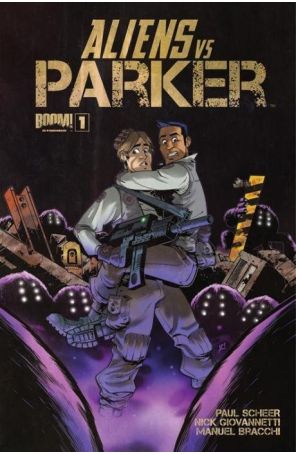 Aliens vs. Parker 1A published by Boom! with cover art by Joe Covey