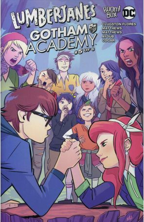 Lumberjanes/Gotham Academy 5 published by Boom! with cover art by Natacha Bustos