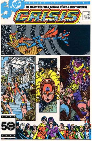 Crisis on Infinite Earths 11 published by DC with cover art by George Pérez