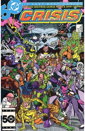 Crisis on Infinite Earths 9 published by DC with cover art by George Pérez