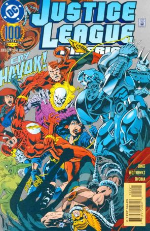 Justice League America 100 published by DC with cover art by Chuck Wojtkiewicz