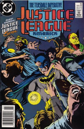 Justice League America 32 (Newsstand) published by DC with cover art by Adam Hughes