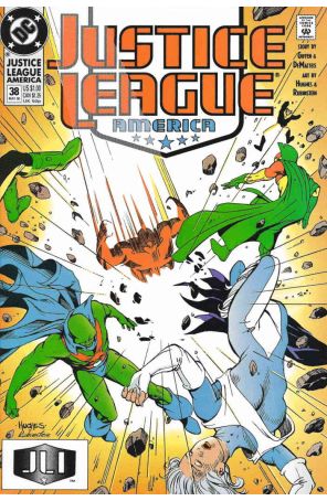 Justice League America 38 published by DC with cover art by Adam Hughes
