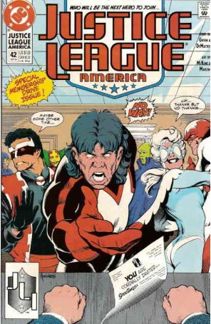 Justice League America 42 published by DC with cover art by Adam Hughes