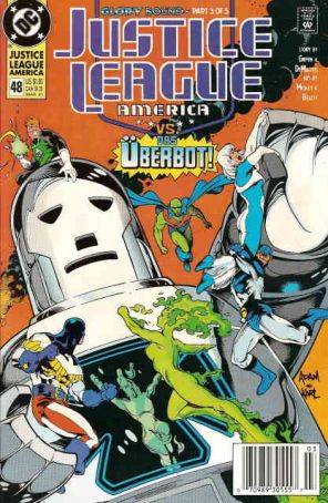 Justice League America 48 (Newsstand) published by DC with cover art by Adam Hughes