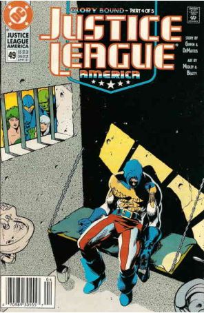 Justice League America 49 (Newsstand) published by DC with cover art by Adam Hughes