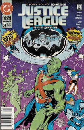 Justice League America 50 (Newsstand) published by DC with cover art by Adam Hughes