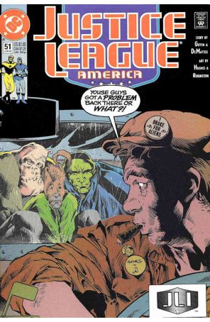 Justice League America 51 published by DC with cover art by Adam Hughes