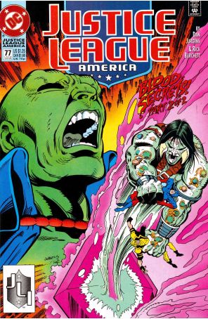 Justice League America 77 published by DC with cover art by Dan Jurgens
