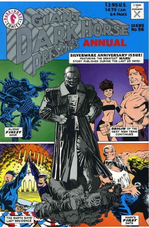 Dark Horse Presents 56 published by Dark Horse with cover art by John Byrne, Paul Guinan, Dave Johnson, and Frank Miller