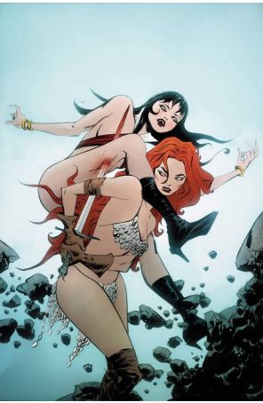 Vampirella Versus Red Sonja 1L published by Dynamite with cover art by Jae Lee