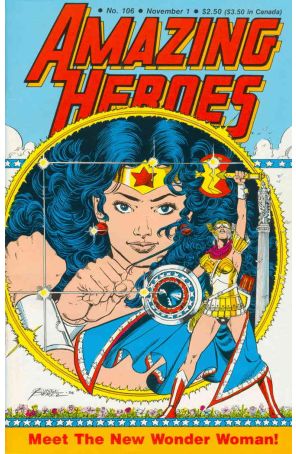 Amazing Heroes 106 published by Fantagraphics with cover art by George Pérez