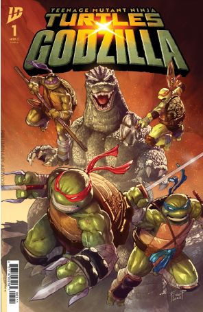 Teenage Mutant Ninja Turtles X Godzilla 1A published by IDW with cover art by Fero Pe