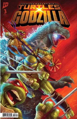 Teenage Mutant Ninja Turtles X Godzilla 3A published by IDW with cover art by Fero Pe