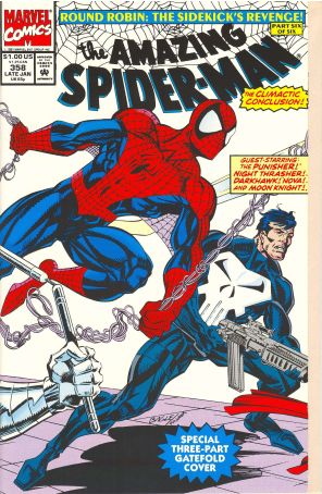 The Amazing Spider-Man 358 published by Marvel with cover art by Mark Bagley