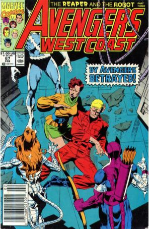 Avengers West Coast 67 (Newsstand) published by Marvel with cover art by Paul Ryan