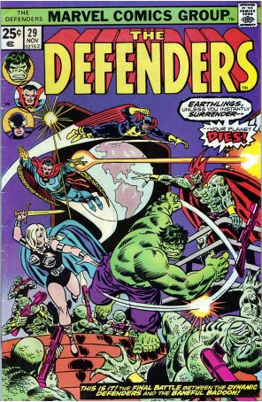 The Defenders 29 published by Marvel with cover art by Gil Kane