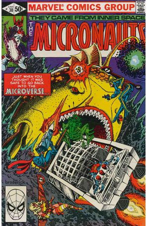 Micronauts (Vol. 1) 30 published by Marvel with cover art by Pat Broderick