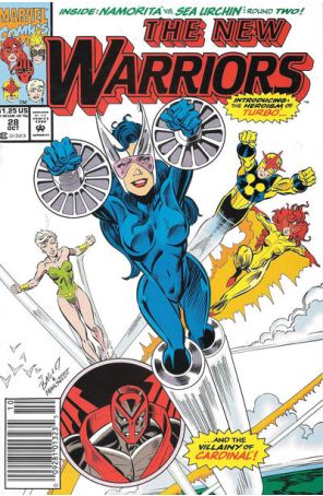 The New Warriors 28 (Newsstand) published by Marvel with cover art by Mark Bagley
