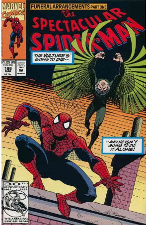 The Spectacular Spider-Man 186 published by Marvel with cover art by Sal Buscema