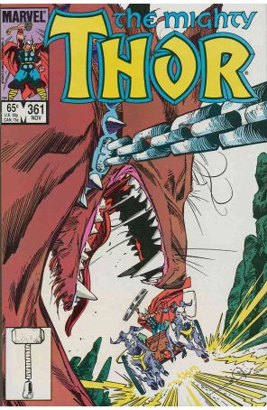 Thor 361 published by Marvel with cover art by Walt Simonson