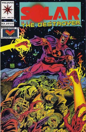 Solar, Man of the Atom 34 published by Valiant with cover art by Peter Grau