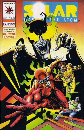 Solar, Man of the Atom 36 published by Valiant with cover art by Andrew Wendel