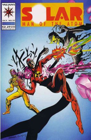 Solar, Man of the Atom 37 published by Valiant with cover art by Andrew Wendel