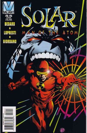 Solar, Man of the Atom 55 published by Valiant with cover art by Aaron Lopresti