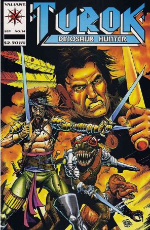 Turok, Dinosaur Hunter 14 published by Valiant with cover art by Timothy Truman